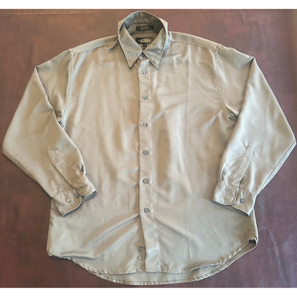 Urban Works Mens Medium Gray Microfiber Long Sleeve Button Down Shirt Taupe